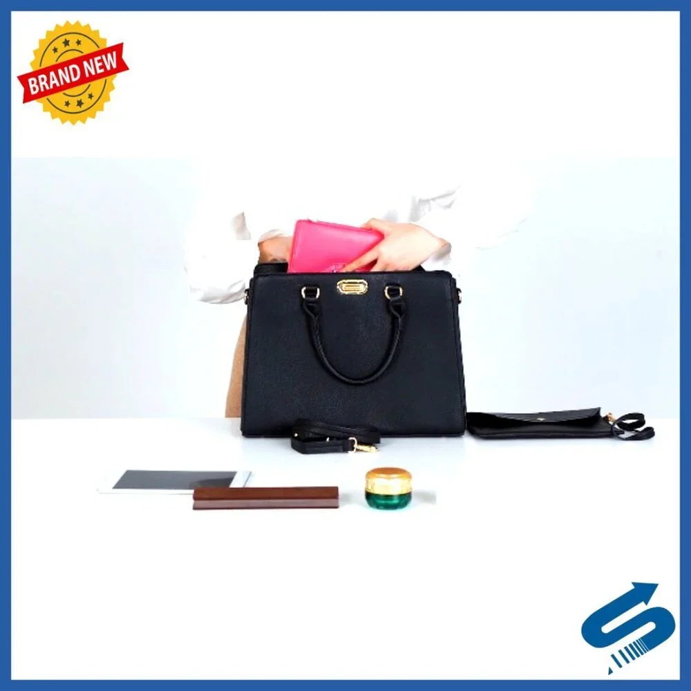 Vegan Leather Satchel Tote with Clutch, Adjustable Strap, Gold Hardware
